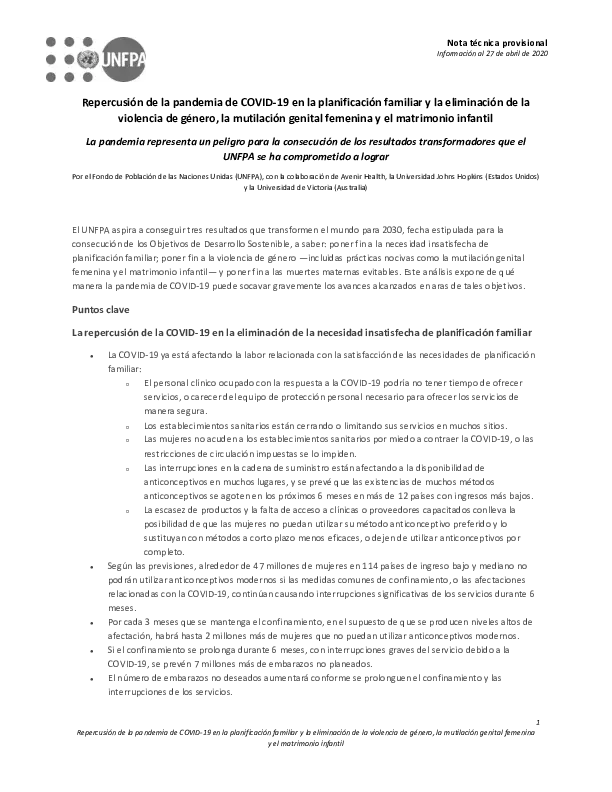 Repercusión de la pandemia de COVID-19 en la planificación familiar	y la eliminación de la violencia de género, la mutilación genital femenina y el matrimonio infantil